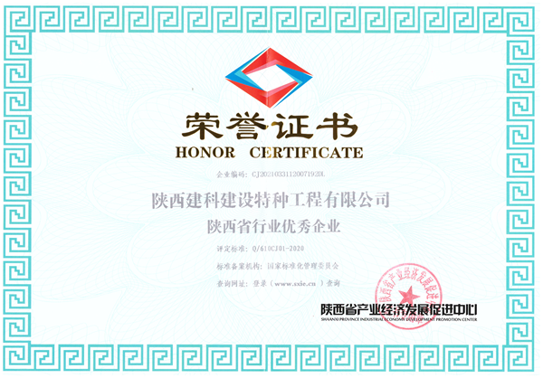 陕西省行业优秀企业荣誉证书